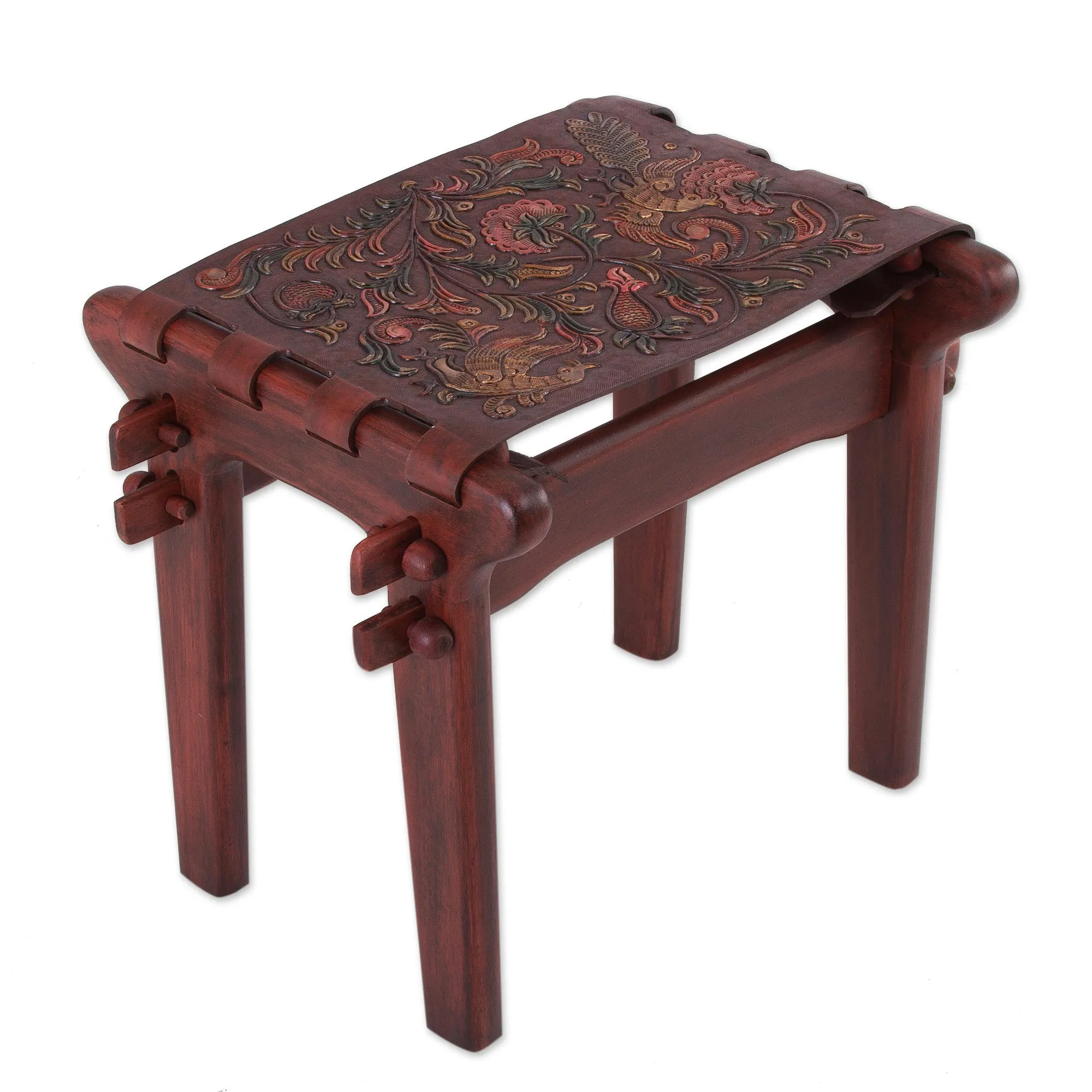 Andean Paradise Birds and Flowers Embossed on Leather and Wood Stool