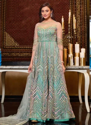 Aqua Blue Mirror Kali Work Embroidered Anarkali Suit