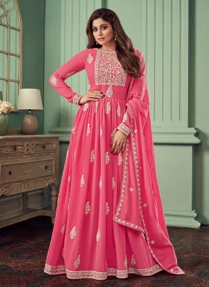 Carmine Pink Heavy Embroidered Suit Featuring Shamita Shetty