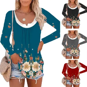 Casual printed long-sleeved bottoming shirt round neck T-shirt top