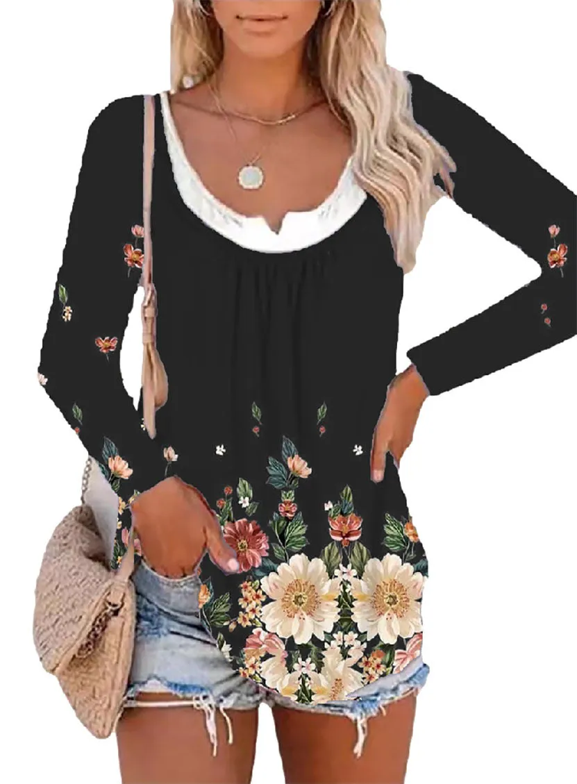 Casual printed long-sleeved bottoming shirt round neck T-shirt top