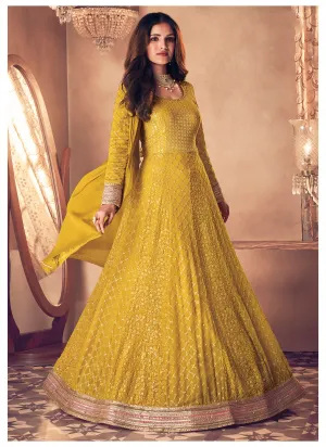 Charming Yellow Floor Length Sequins Work Anarkali Suit