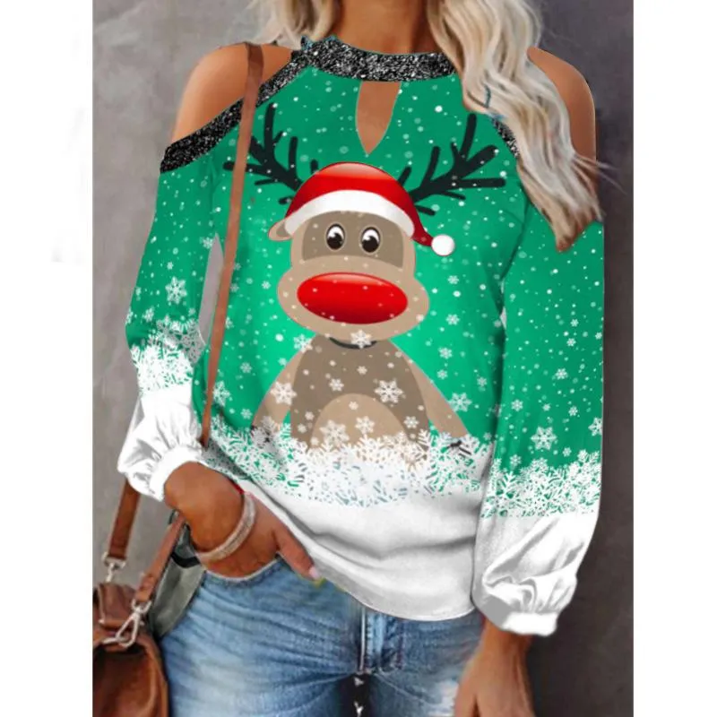 Christmas hanging neck button long sleeve hollow lantern sleeve women's T-shirt