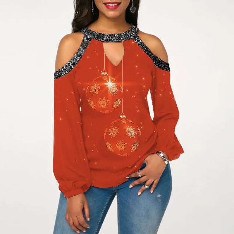 Christmas hanging neck button long sleeve hollow lantern sleeve women's T-shirt