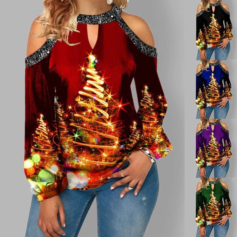 Christmas hanging neck button long sleeve hollow lantern sleeve women's T-shirt