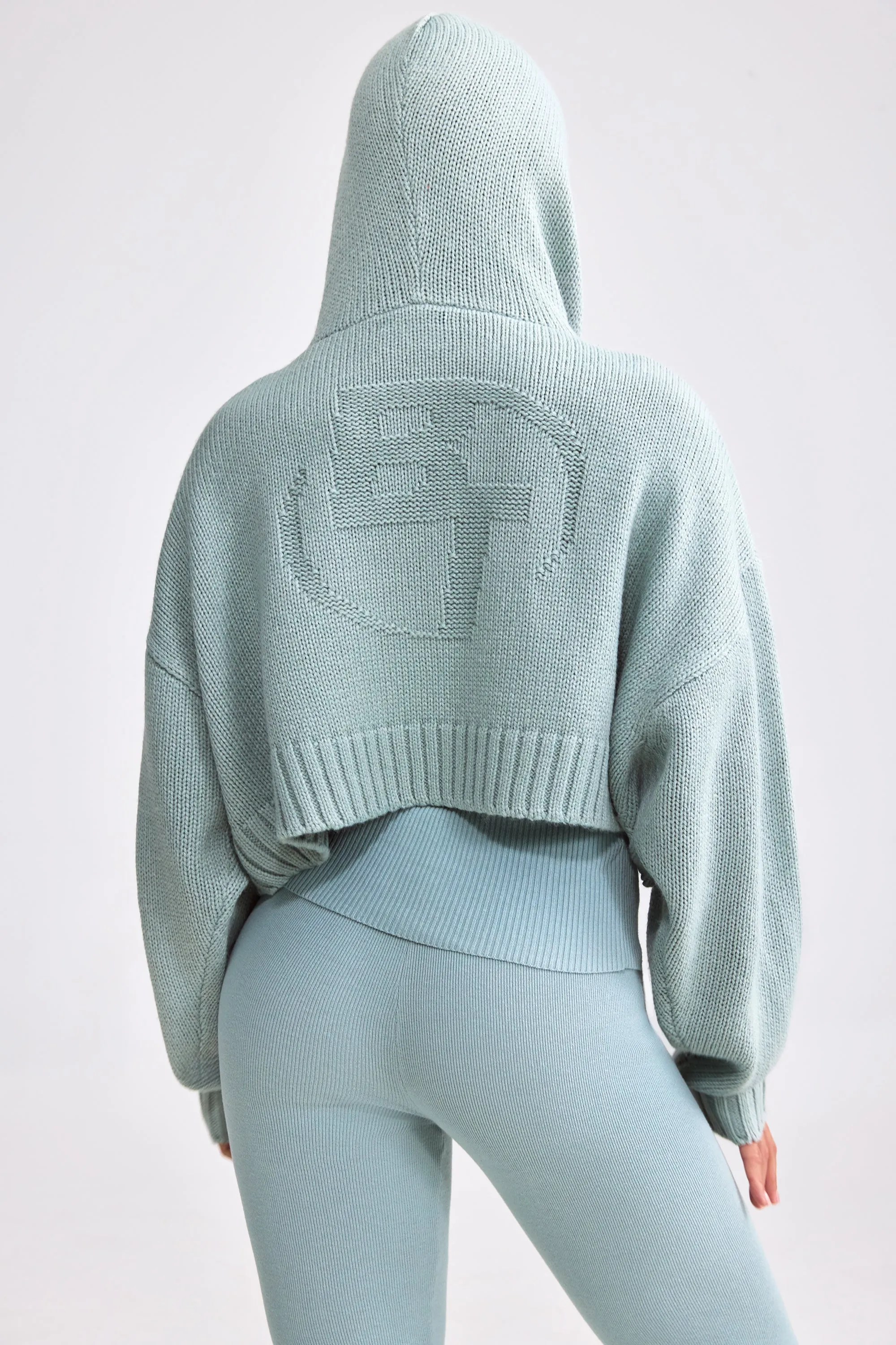 Cropped Zip-Up Chunky Knit Hoodie in Dusty Teal