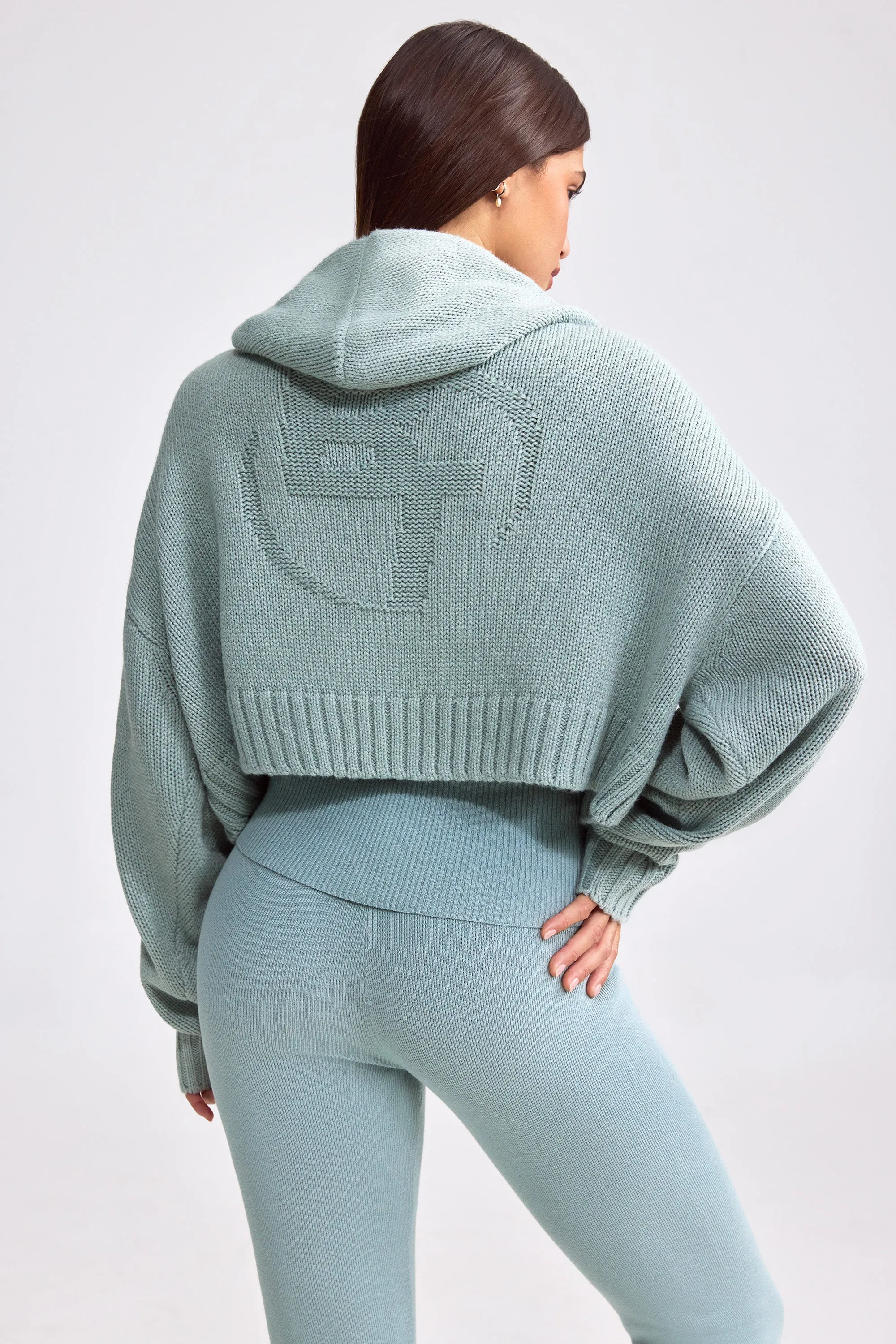 Cropped Zip-Up Chunky Knit Hoodie in Dusty Teal