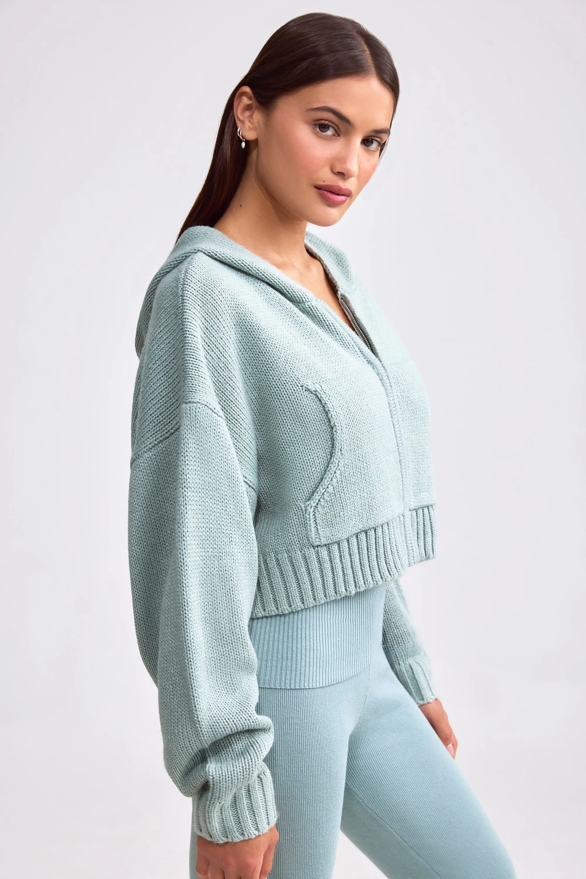 Cropped Zip-Up Chunky Knit Hoodie in Dusty Teal