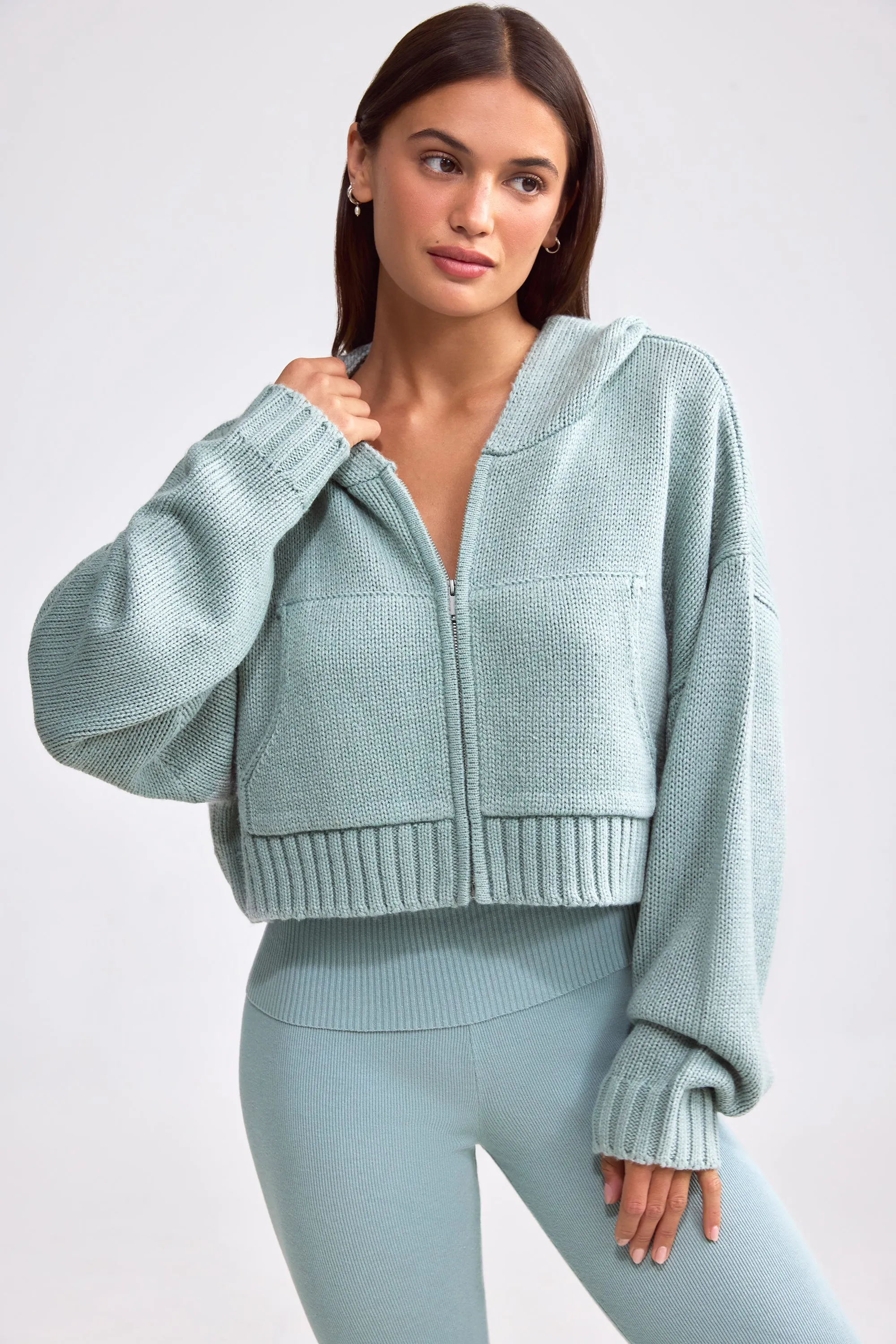 Cropped Zip-Up Chunky Knit Hoodie in Dusty Teal