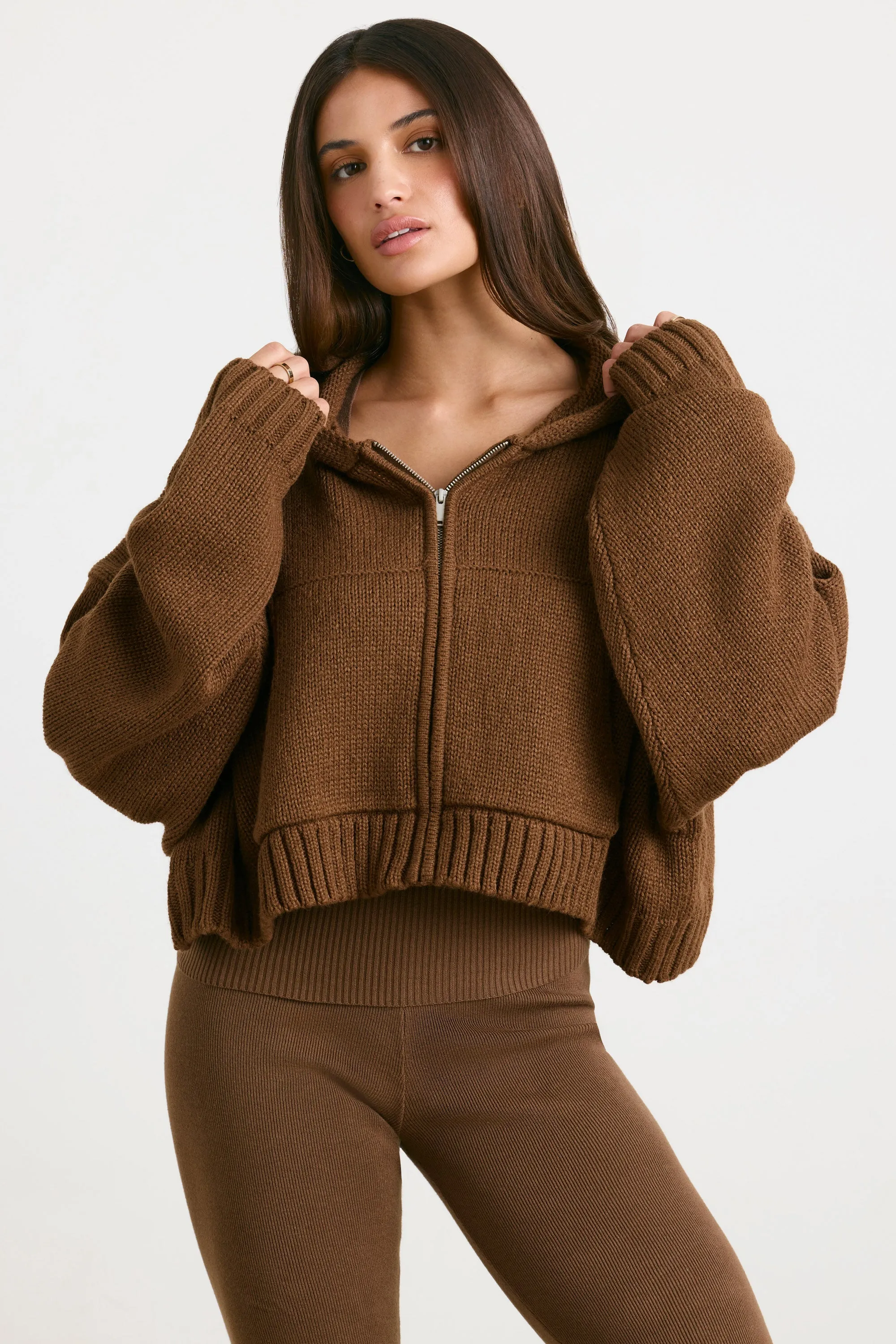 Cropped Zip Up Chunky Knit Hoodie in Espresso