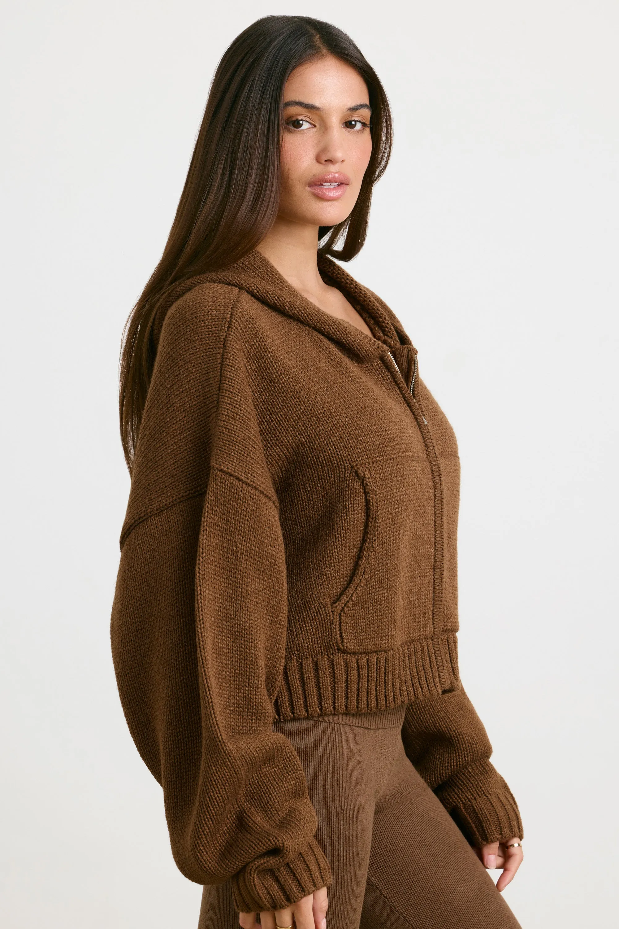 Cropped Zip Up Chunky Knit Hoodie in Espresso