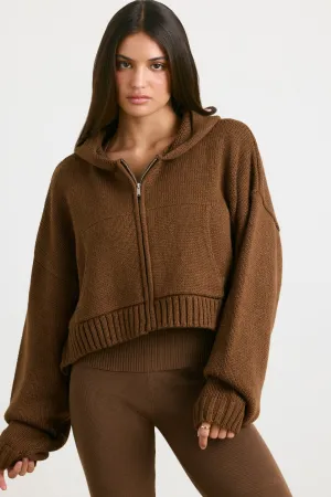 Cropped Zip Up Chunky Knit Hoodie in Espresso