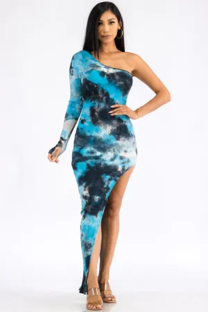 D10035A - RIBBED ASYMMETRICAL TIE DYE DRESS