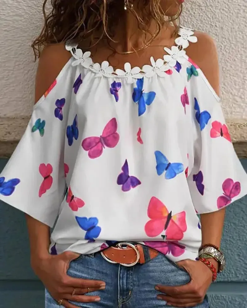 Deanwangkt - Floral Appliqué Butterfly Print Off-the-Shoulder Top