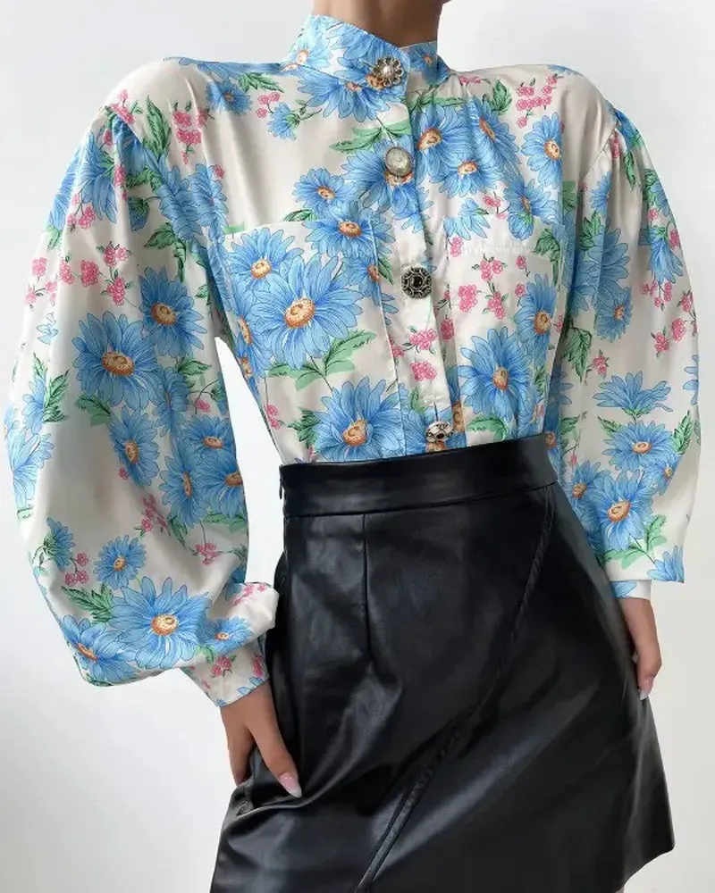 Deanwangkt - Floral Print Lantern Sleeve Button Up Top