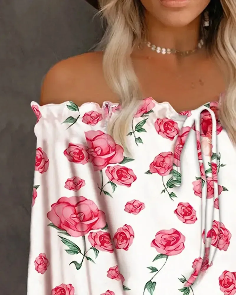 Deanwangkt - Floral Print Off Shoulder Frill Hem Top