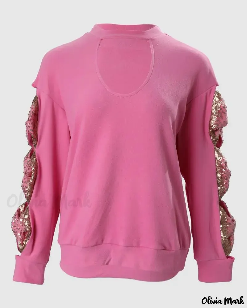 Deanwangkt - Ribbed Long Sleeve Top with Contrast Sequin Bow Decor