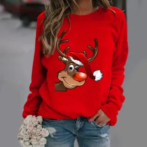 Fashion elk pattern printed long-sleeved round neck sweater women