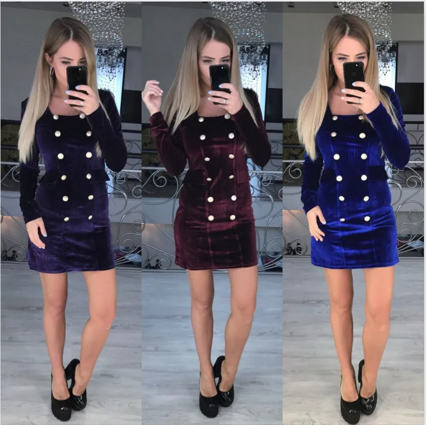 Fashion exquisite velvet double-breasted button bag hip dress