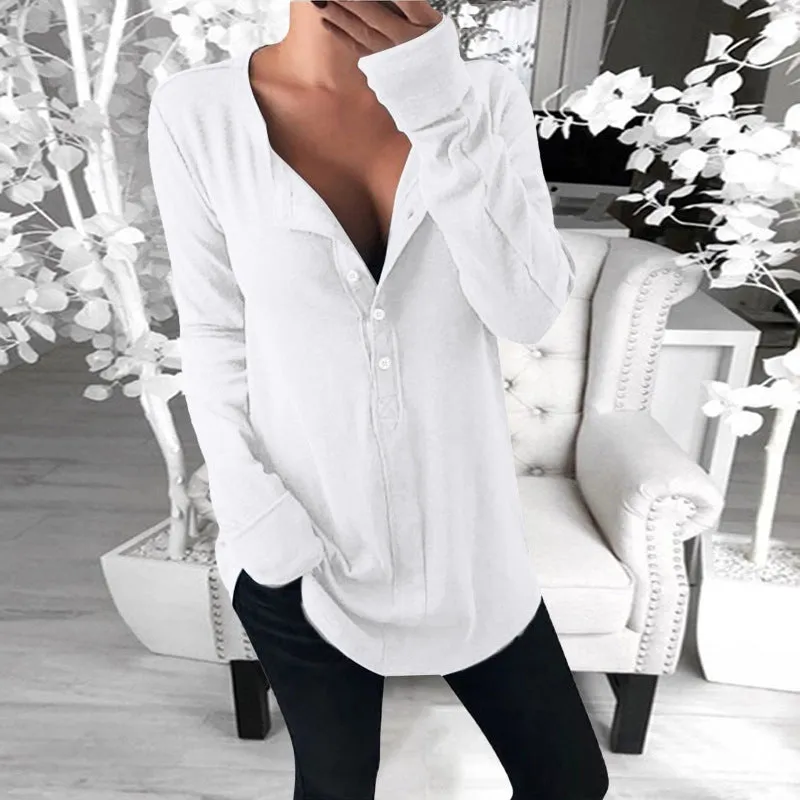 Fashion long sleeve v-neck solid color button T-shirt