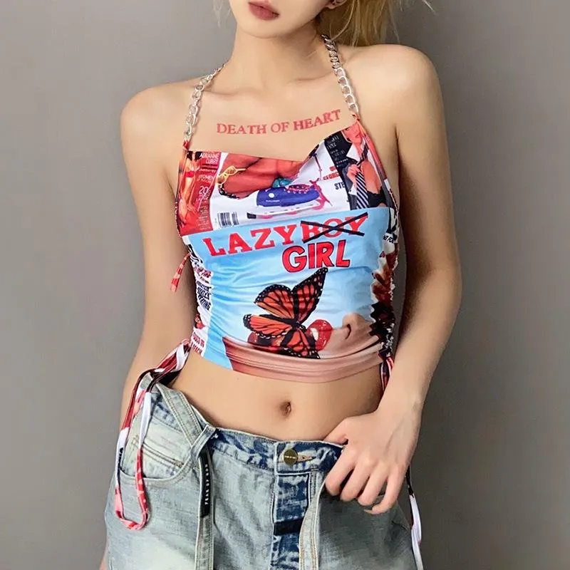 Fashion printed strappy halter neck sling vest