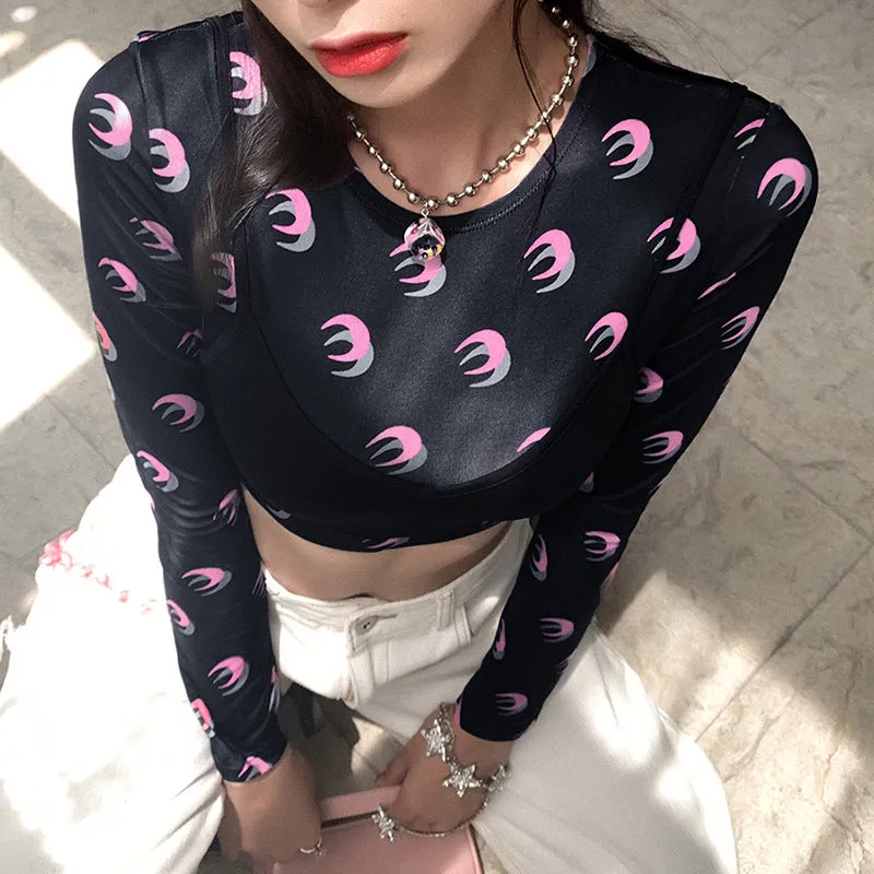 Fashion sexy camisole moon print T-shirt two-piece set