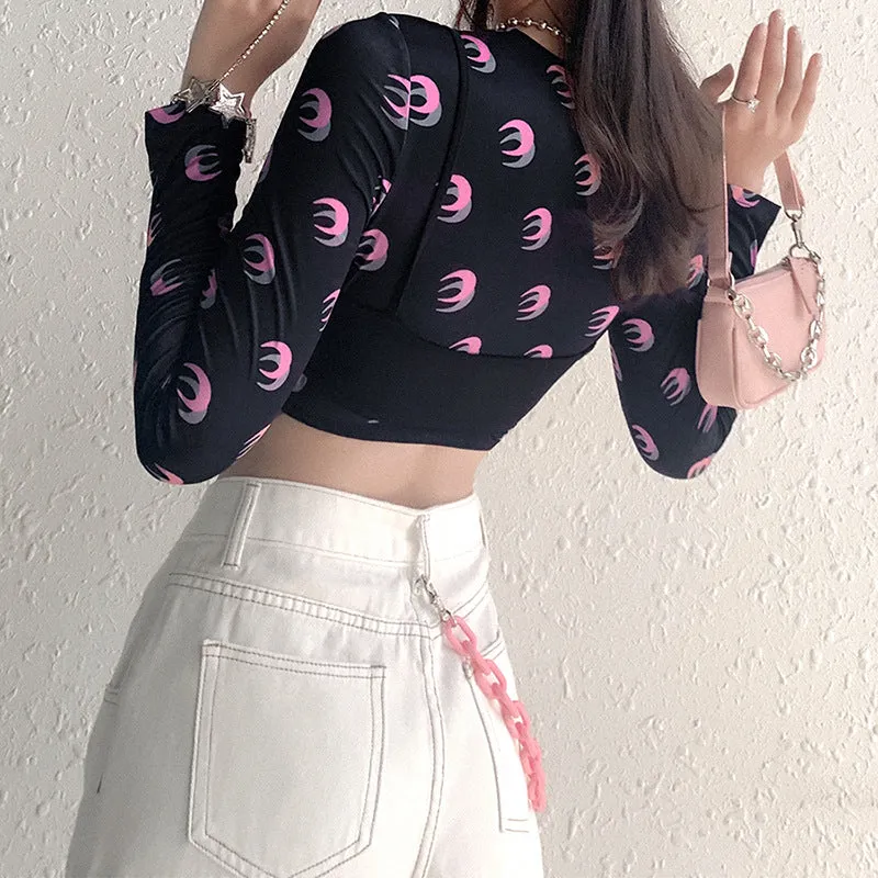 Fashion sexy camisole moon print T-shirt two-piece set