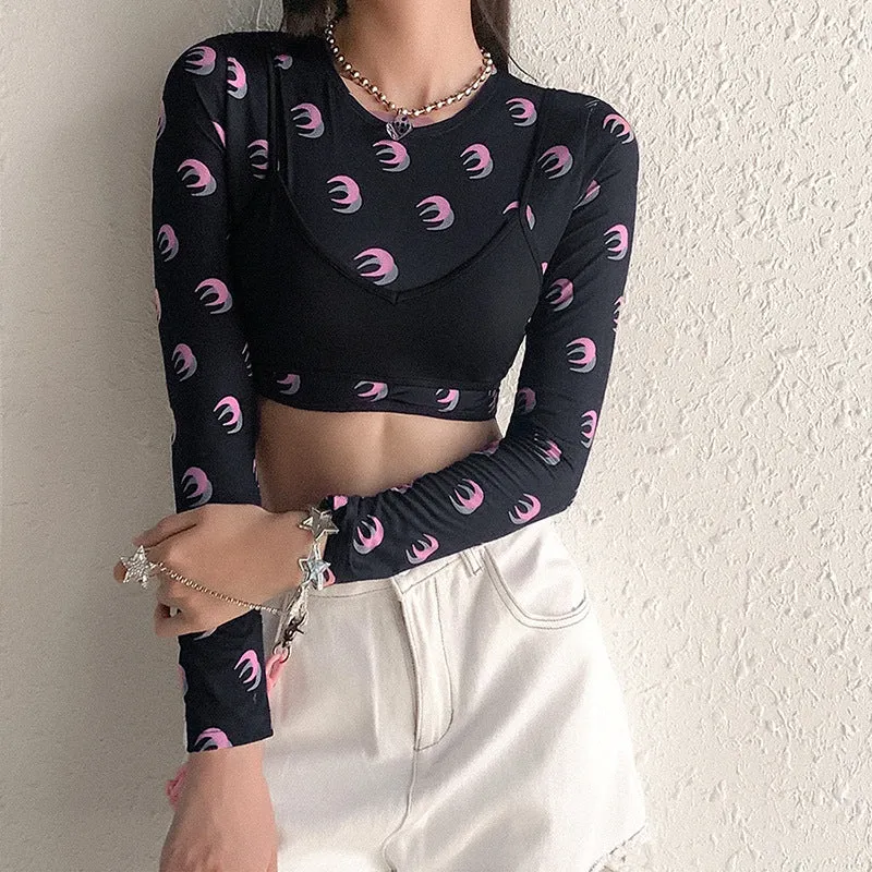 Fashion sexy camisole moon print T-shirt two-piece set