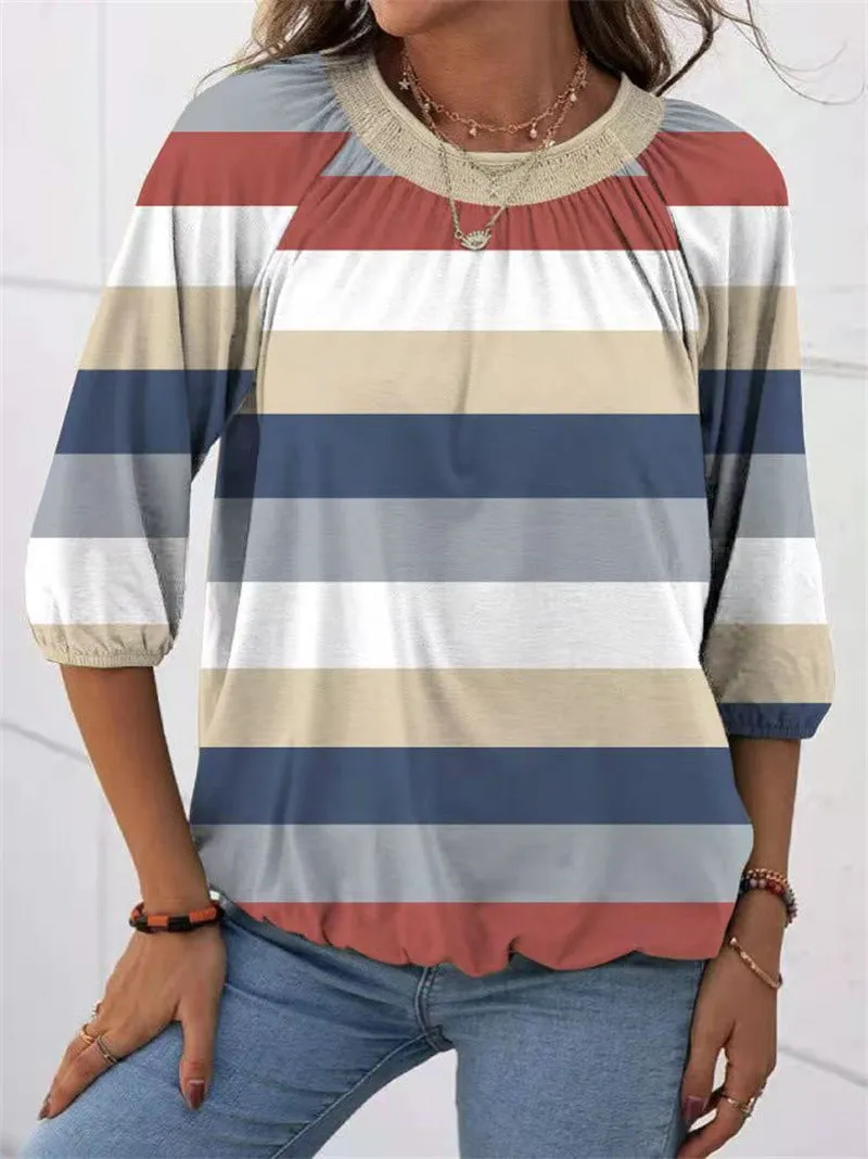 Fashion striped round neck T-shirt top