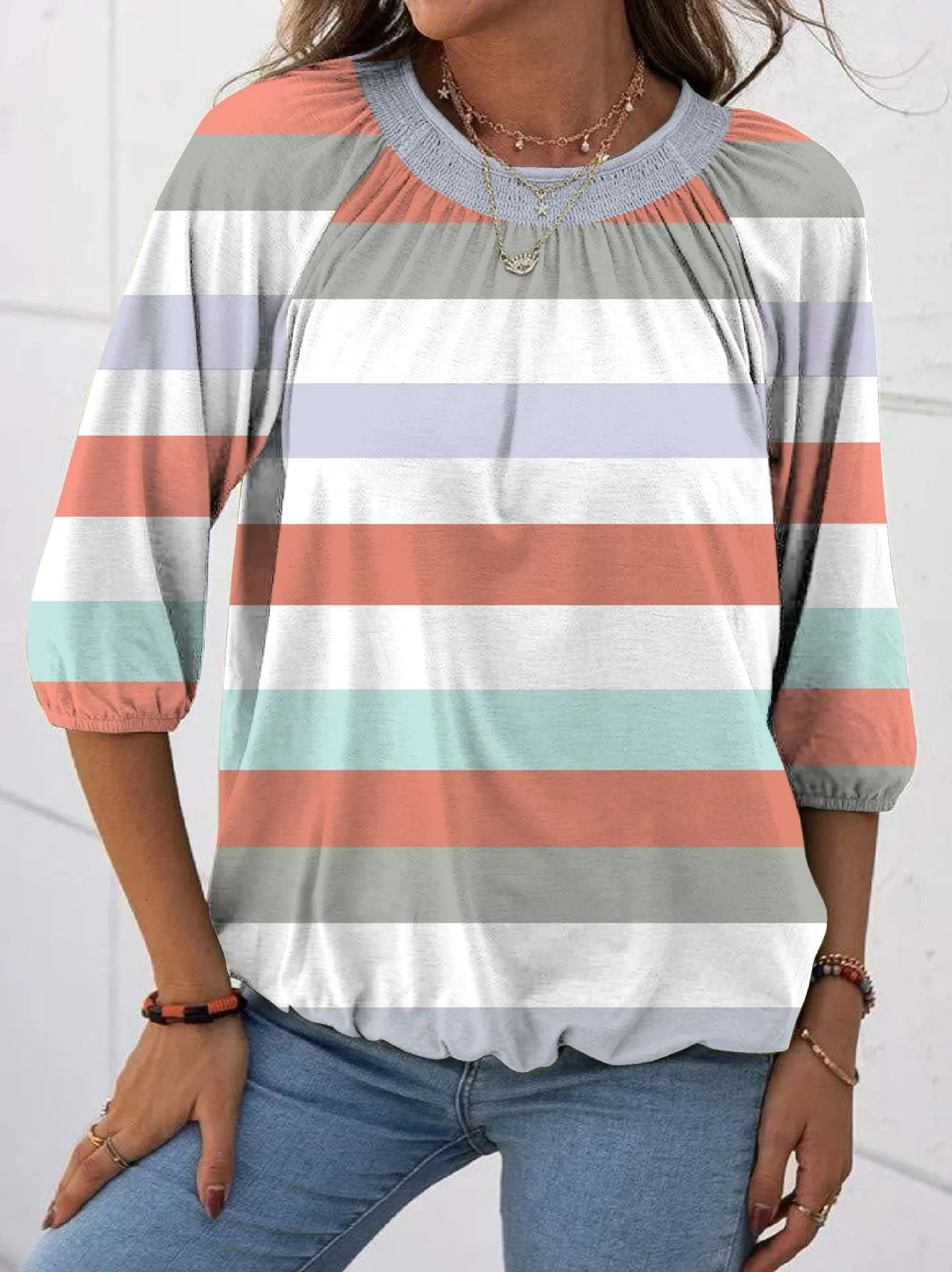 Fashion striped round neck T-shirt top