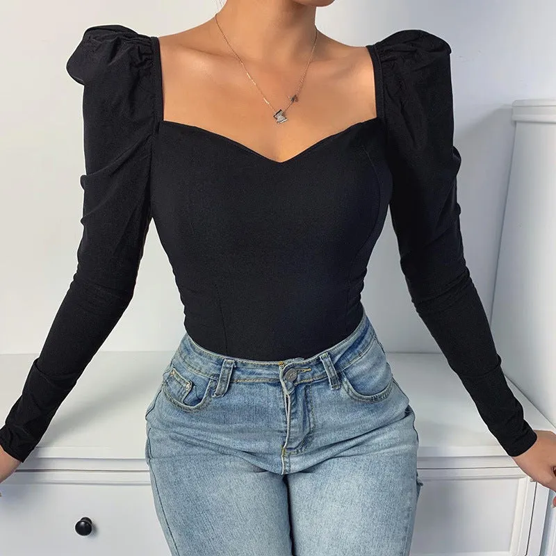 Fashion temperament sexy square neck slim long sleeve top