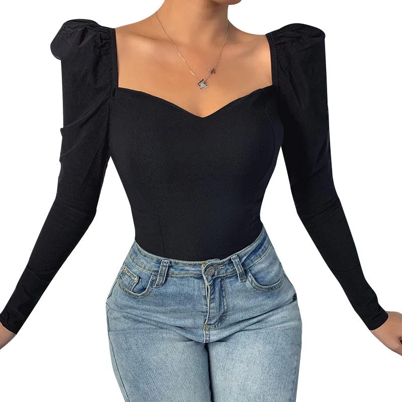 Fashion temperament sexy square neck slim long sleeve top