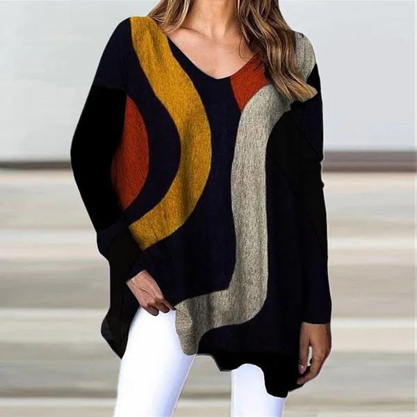 Fashion V-neck pullover long-sleeved geometric pattern loose casual women's T blood