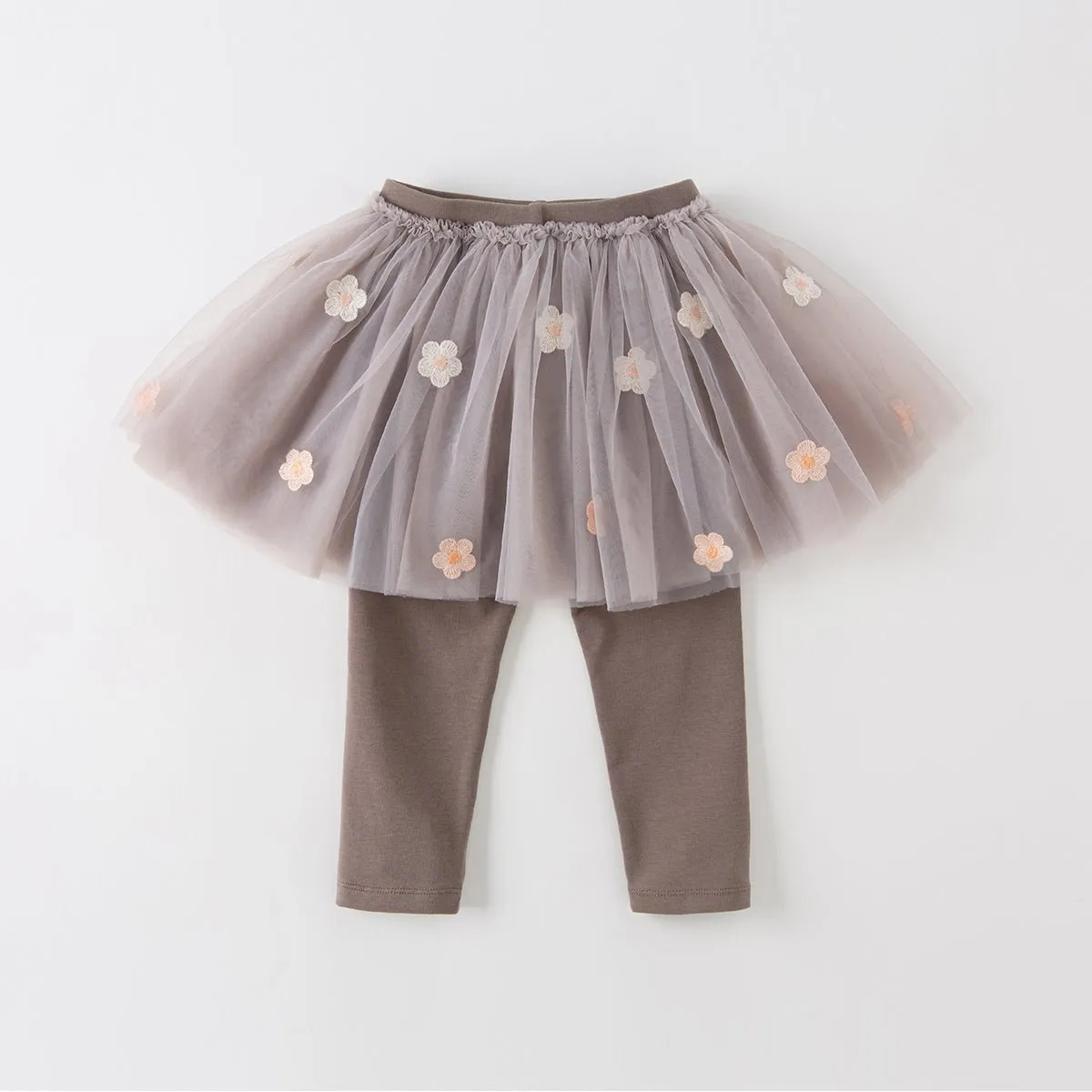 Flower Embroidery Girl Coffee Tutu Skirt Leggings