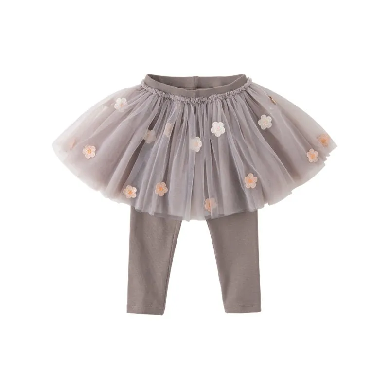 Flower Embroidery Girl Coffee Tutu Skirt Leggings