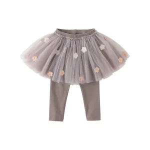 Flower Embroidery Girl Coffee Tutu Skirt Leggings