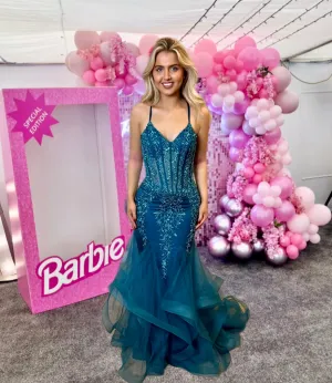 Gabrielle fishtail prom dress in teal, royal, smoke blue