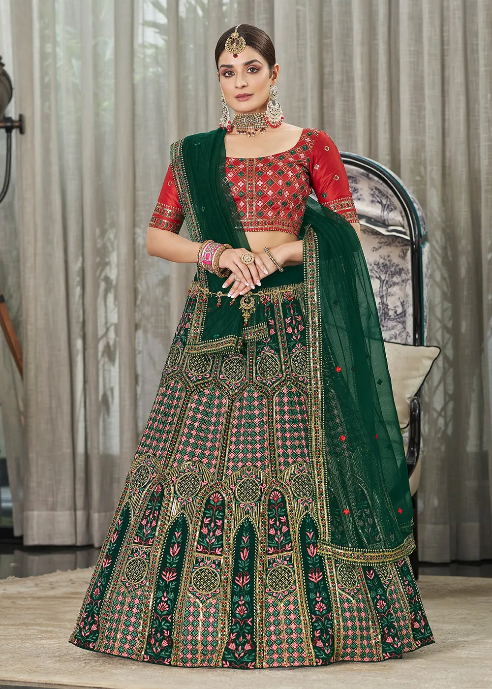 Green & Red Multi Sequins & Thread Wedding A Line Lehenga