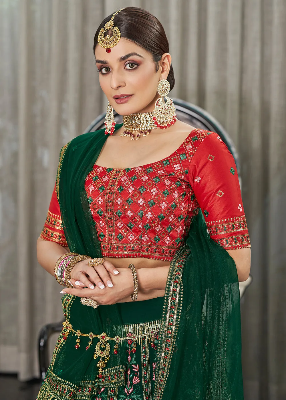 Green & Red Multi Sequins & Thread Wedding A Line Lehenga