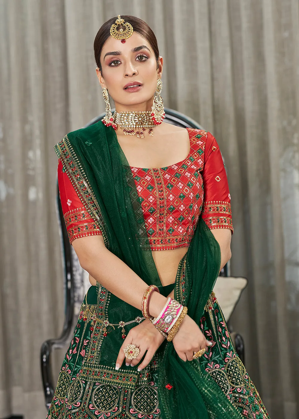 Green & Red Multi Sequins & Thread Wedding A Line Lehenga