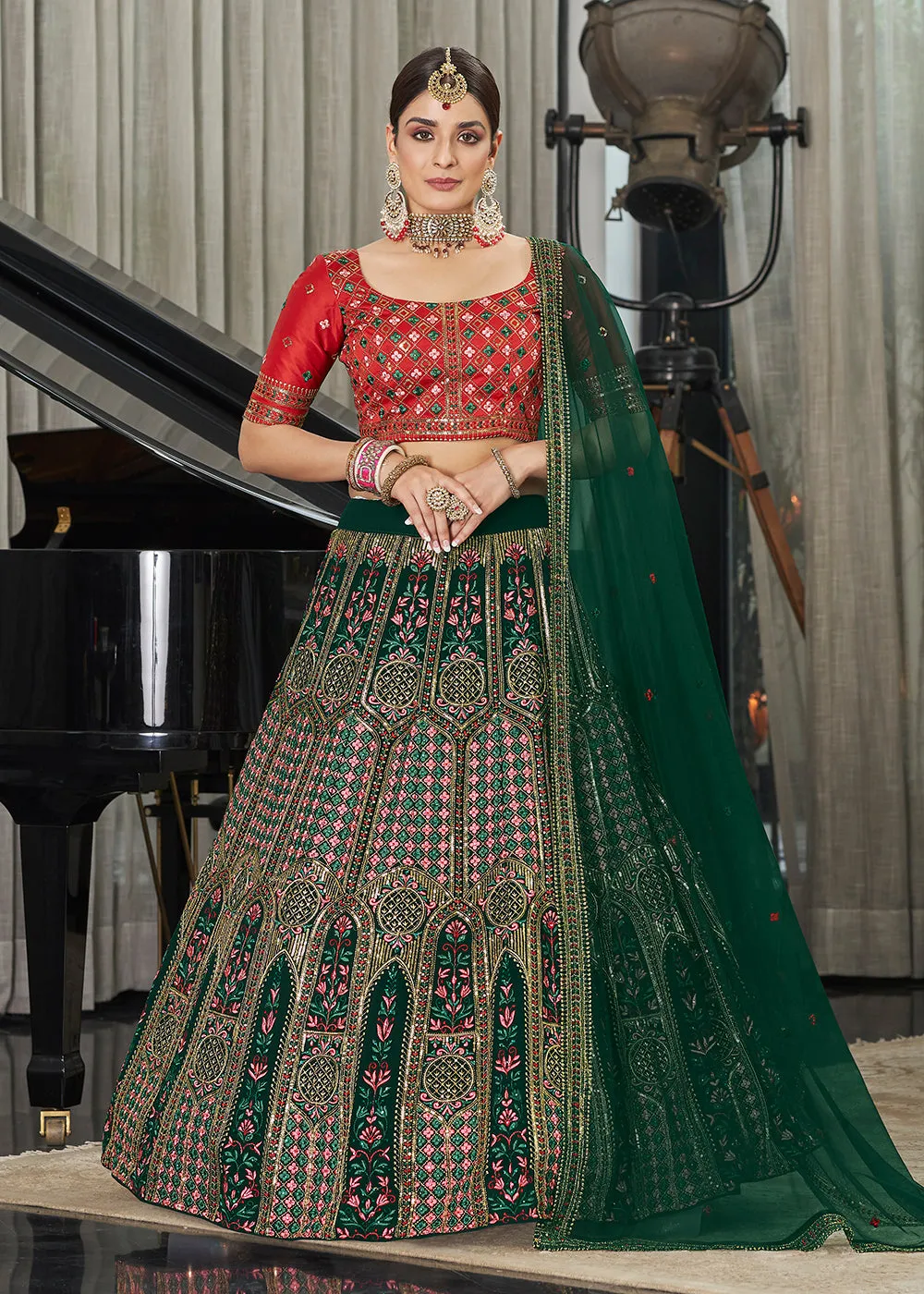 Green & Red Multi Sequins & Thread Wedding A Line Lehenga