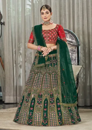 Green & Red Multi Sequins & Thread Wedding A Line Lehenga