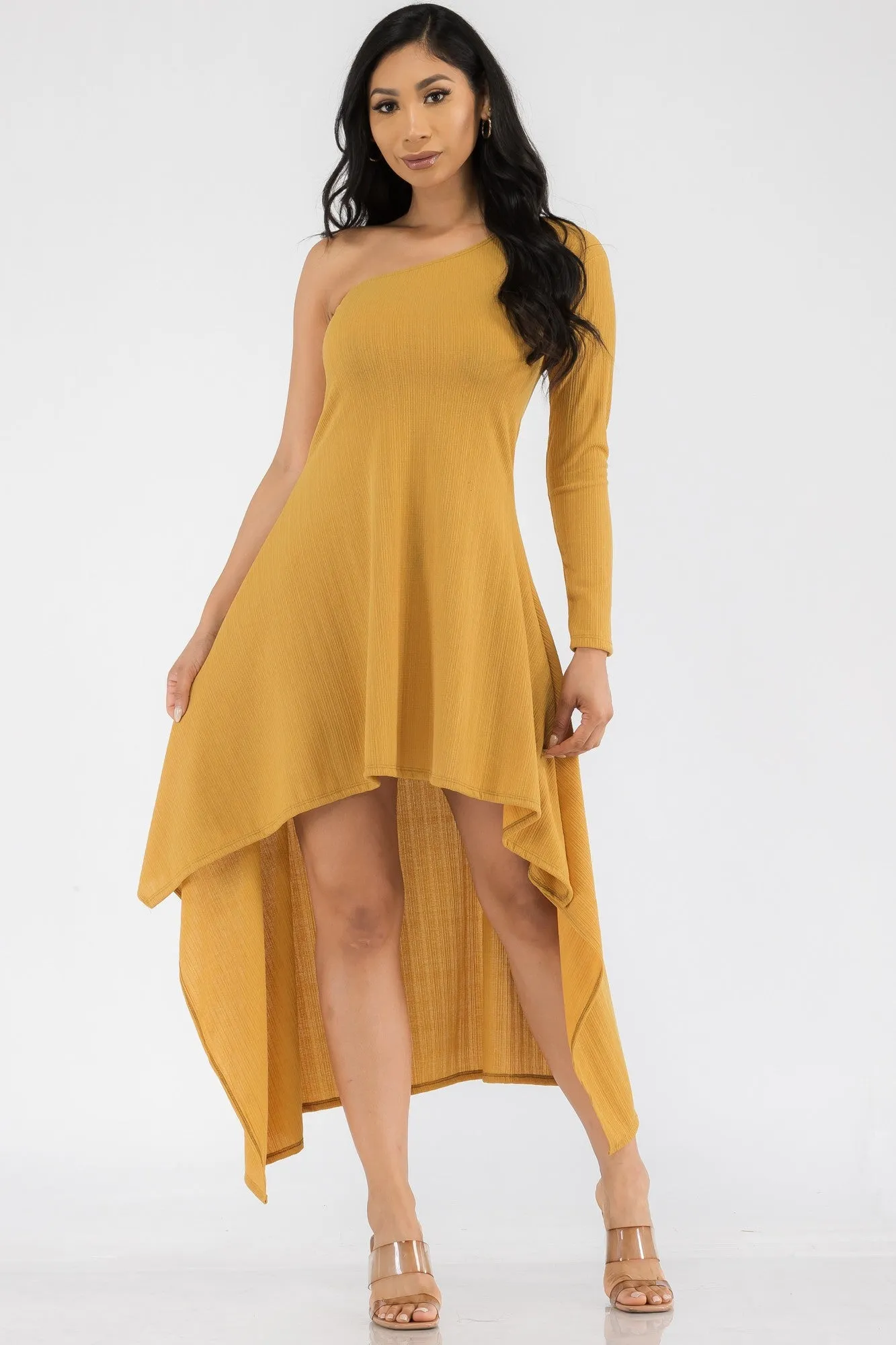 HH597R-SL - ONE SHOULDER HIGH LOW MAXI DRESS