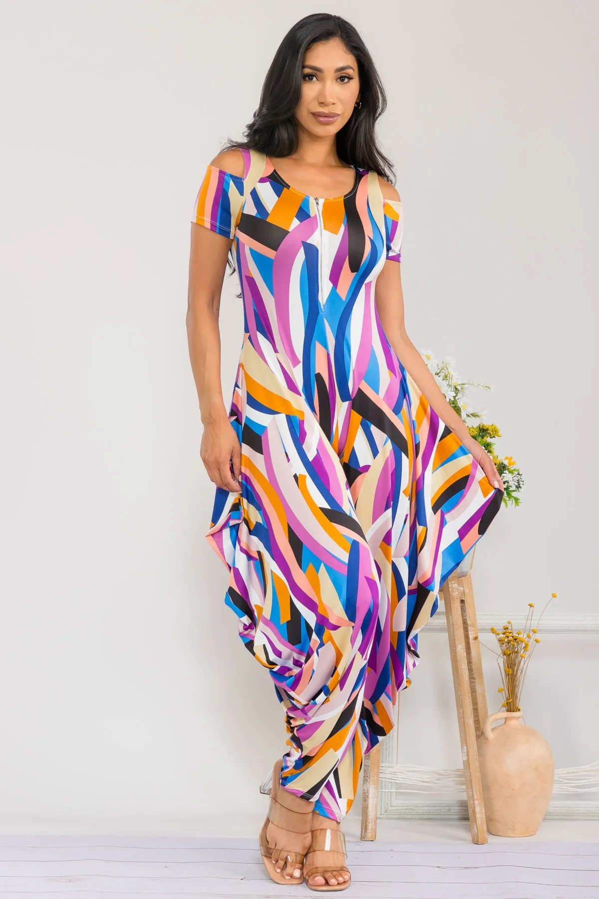 HH765R-RIBBON - Cold Shoulder Front Zipper Jumpsuit