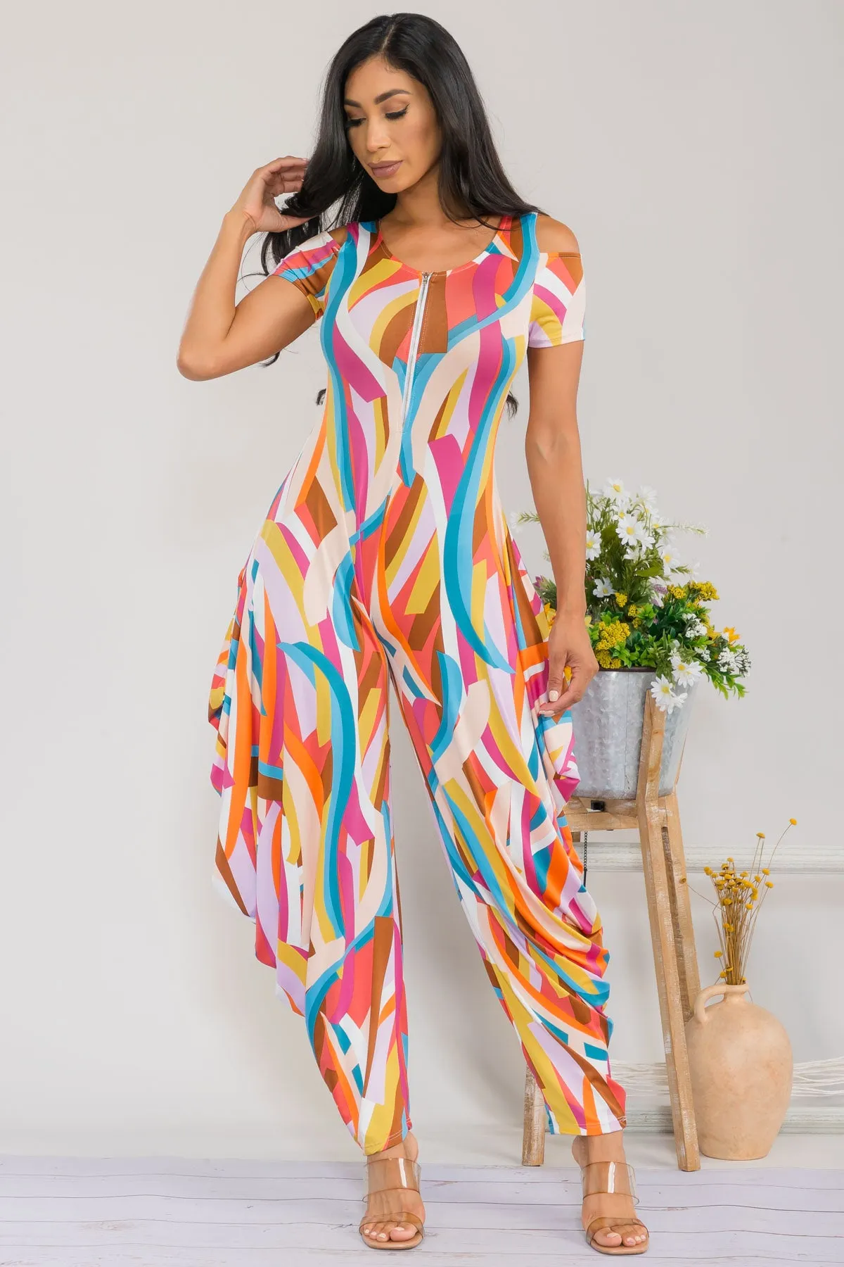 HH765R-RIBBON - Cold Shoulder Front Zipper Jumpsuit