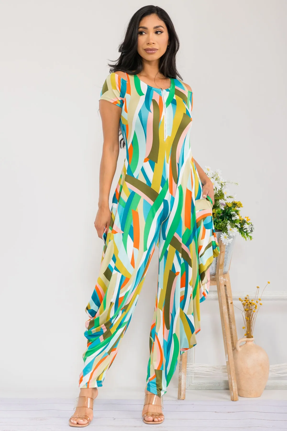 HH765R-RIBBON - Cold Shoulder Front Zipper Jumpsuit