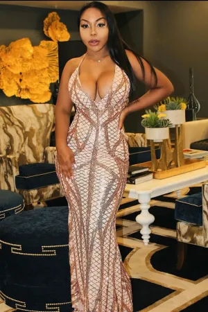 Last Dance Rose Gold Plunge Cage Sequin Bandage Illusion Fishtail Dress