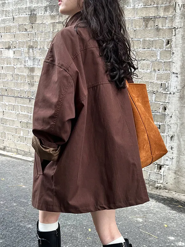 Long Sleeves Loose Pockets Solid Color Stand Collar Outerwear Trench Coats