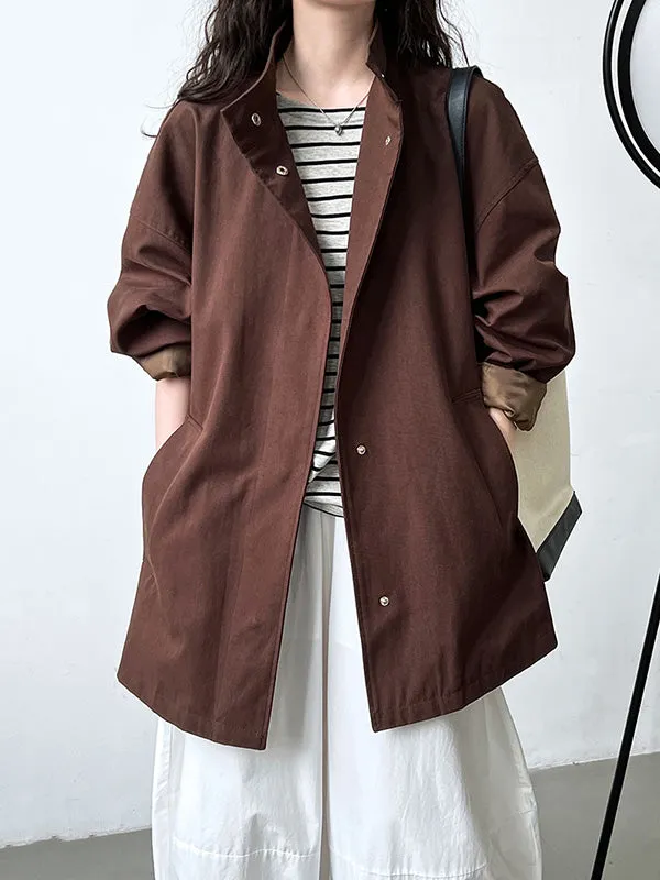 Long Sleeves Loose Pockets Solid Color Stand Collar Outerwear Trench Coats