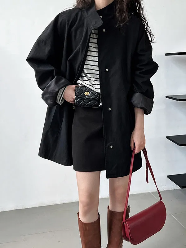 Long Sleeves Loose Pockets Solid Color Stand Collar Outerwear Trench Coats